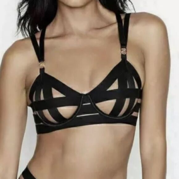 Victoria Secret Luxe Unlined Balconet Strappy Banded Caged Bra‎ Black Size 32DD - Picture 1 of 11